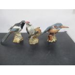 A collection of three Beswick birds, including the lesser spotted woodpecker (2420), Kingfisher (