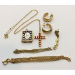 Various 9ct gold items including chains, cross and earrings etc along with a gold coloured 'book'