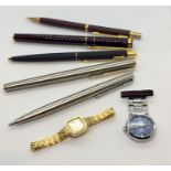 Vintage pens including Parker along with an Ingersoll nurses watch and a ladies Rotary watch