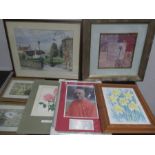 A collection of various framed prints and pictures including a watercolour of Colyton, Bill