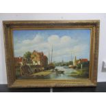 A large framed oil painting of a Dutch harbour scene