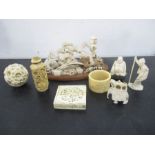 A collection of early 20th century ivory, bone including a Chinese seven layered ivory puzzle ball