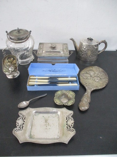 A silver backed mirror ( A/F), a silver coffee spoon along with various silver plated items