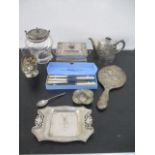 A silver backed mirror ( A/F), a silver coffee spoon along with various silver plated items