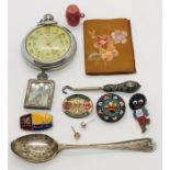 A collection of miscellaneous items including Ingersoll pocket watch, micromosaic brooch,