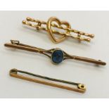 Three 9 ct gold ( 1 unmarked but tested) sweetheart/bar brooches- total weight 5.6g