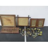 A collection of four vintage wooden picture frames, along with various door knobs, keys and