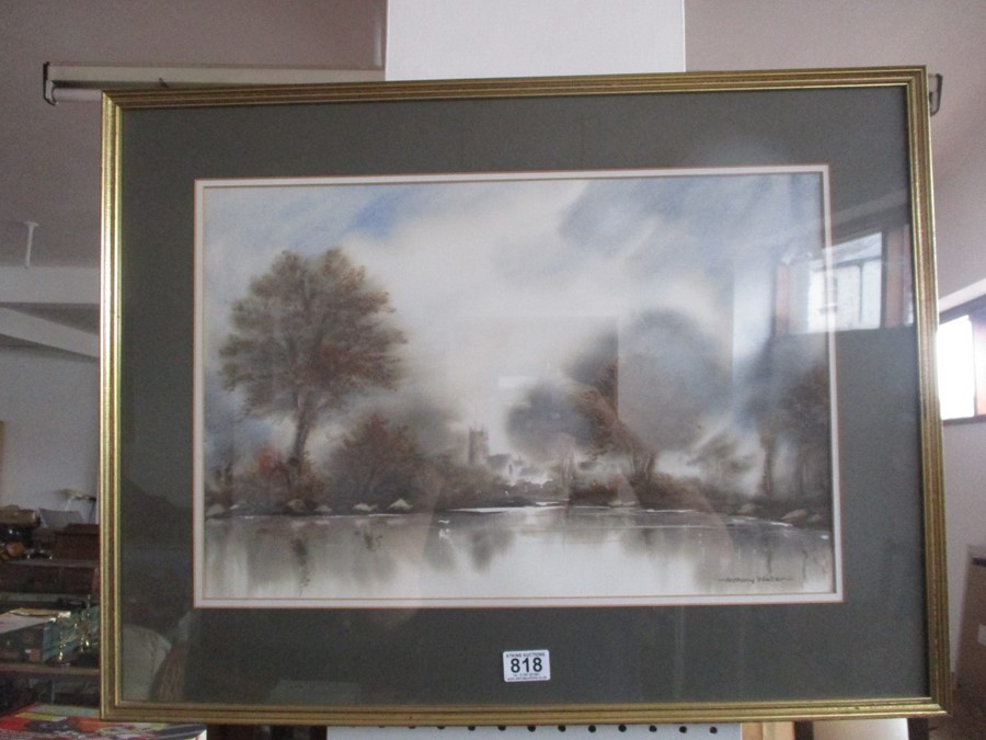 A watercolour of a church by a lake, signed Anthony Waller