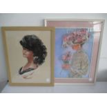 Two framed embroideries of elegant ladies