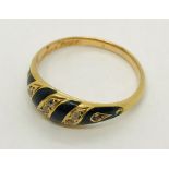 An unmarked gold mourning ring with enamel and diamonds, inscription to inside " In memory of