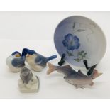 A Royal Copenhagen collection of mouse on sugar lump, a pair of fish, two birds and a pin tray