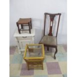 A bedside cabinet, a dining chair, glass top coffee table and a foot stool.