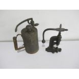 A vintage pressure sprayer, along with a Blanco (Paris) leather stud/fly press