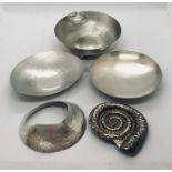 Contemporary 925 silver bowls and a ammonite shaped belt buckle etc. Total weight 623.5g