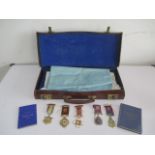 Five RAOB medallions ( 3 hallmarked silver) along with Masonic apron etc. in leather case