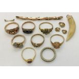 A collection of scrap 9ct gold (tested) rings, watch strap etc. Total weight including stones 22g