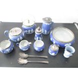 A collection of Wedgwood Jasperware including a teapot, sugar bowl, creamer jug etc, along with