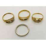 Four gold rings missing stones- 2 x 18ct weight 5.2g, 1 x unmarked white gold 3.1g, 1 x hallmark