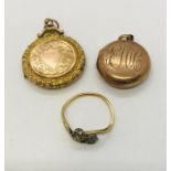 Two 9ct gold (tested) lockets. Total weight 8g. Along with a 18ct gold ring (tested. Weight 2g.