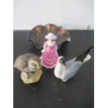 A carnival glass bowl, Russian bird figure, Royal Doulton lady etc.