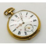 A gold plated pocket watch, the white enamel dial with subsidiary dial, Roman and Arabic numerals