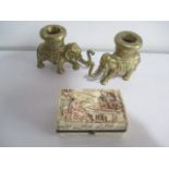 A pair of brass elephant ashtrays along with a carved bone box with Chinoiserie scene to top