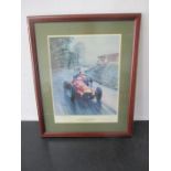 A framed print by Michael Turner titled 1951 Swiss Grand Prix, Berne - Juan Manuel Fangio on his way