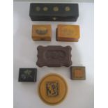 A small collection of stamp boxes including Tunbridge ware, Black Forest, Mauchlin ware etc.