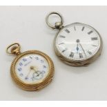 A 'Dueber Special' gold plated fob watch with enamelled face stating 'Hampden', the movement