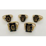 Five Victorian gentleman's signet rings with initials, all set in 9ct gold. Total weight 16.4g