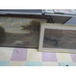 A large oil painting of a river scene signed George Harris along with an etching