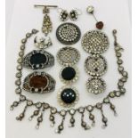 A collection of paste jewellery including buckles, a Georgian necklace, brooches etc. (some stones