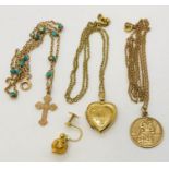 A 9ct gold St Christopher on a chain along with a 9ct gold heart shaped locket (A/F) on unmarked 9ct