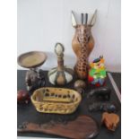 A collection of wooden ware including tribal carvings etc.
