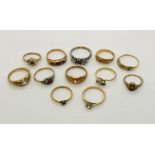 A collection of 9ct gold ladies dress rings, all with stones missing etc. Total weight including