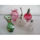 Perfume bottle with Sterling silver top, another Sterling topped bottle, perfume bottle and two