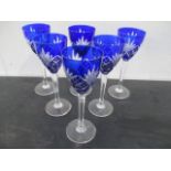 A set of six St. Louis France blue and clear wine glasses