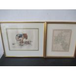 A framed French lithograph of a child reading magazines "Les affaires sont les affaires" (