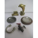 Miscellaneous items including an Ianthe dish, novelty pencil sharpeners, heavy SCM torque, brass
