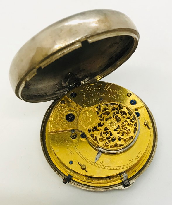 A Thomas Martin silver fusee pocket watch with subsidiary second dial in later pair case, the - Image 4 of 6