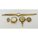 Various 9ct gold ladies watches, some A/F along with a cocktail watch with a 9ct gold strap (14.