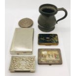 Various compacts, match holder, tankard etc.