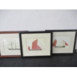 Three framed prints of boats, the Yarmouth Lugger "Gypsy Queen", Schooner "Kate" and spritsail barge