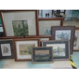 A collection of framed prints including a Lawson Wood golfing print " A Bad Lie"
