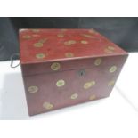 A Japanese red lacquered box with tin lined interior