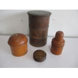 Four pieces of treen including a part spice tower ( Nutmeg, Mace and Allspice), Tunbridge ware pot