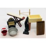 A dolls house mangle, belfast sink, washboard, vacuum etc