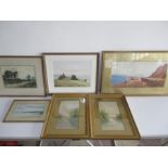 A collection of six framed watercolours including "Devon Farm" by Fenella Thompson, "Filey Brigg" by