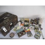 An ammunition case along with a quantity of buttons, fastenings, sewing paraphernalia etc in vintage