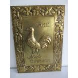 An early 20th century brass panel from Courage Brewery "Take Courage" decorated with a cockerel,